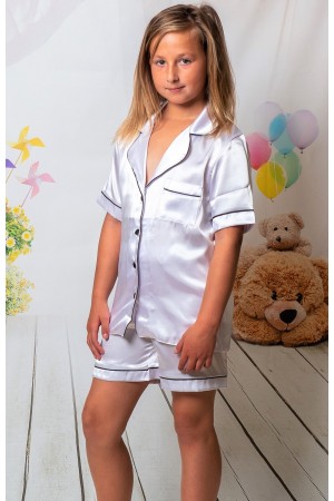 120 White Kids Satin Short Sleeve  pj's with piping